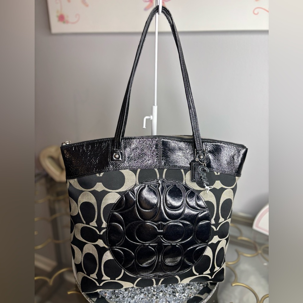 Coach Black and Khaki Signature Canvas Tote with Patent Trim